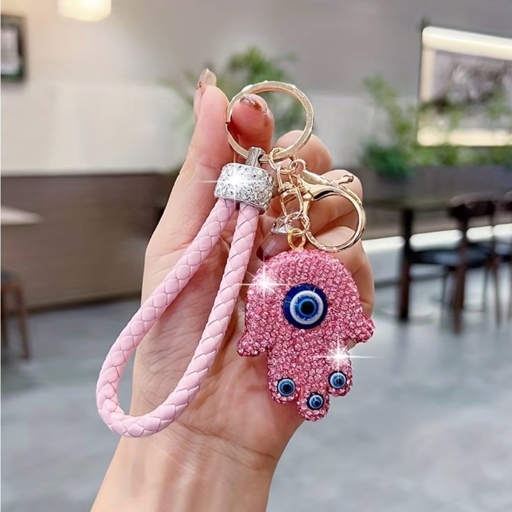 Pink Hamsa Hand Evil Eye Keychain with Braided Strap - Picture 1 of 2